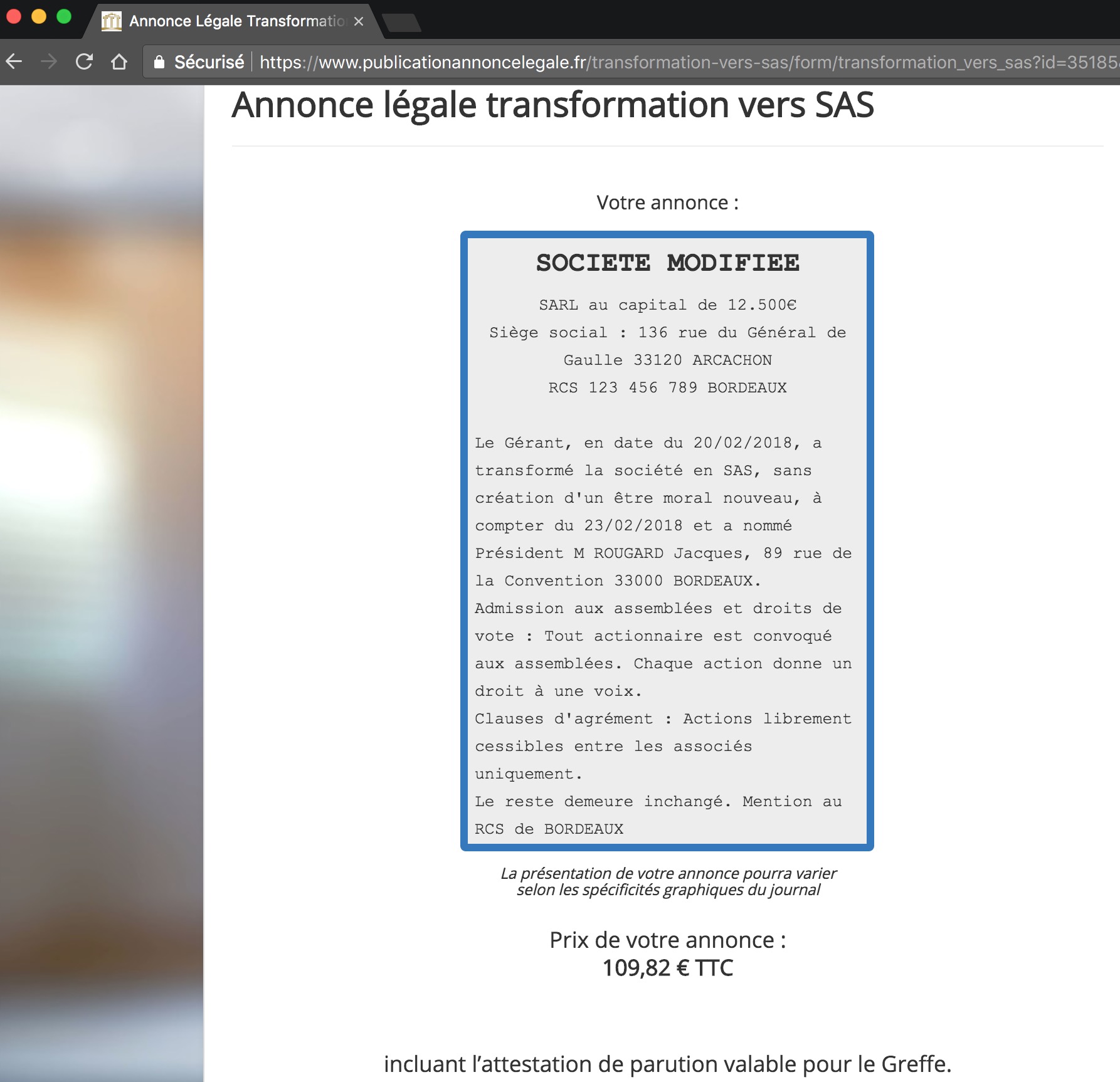 1 annonce legale transformation de SARL en SAS Comparateur Annonce Légale